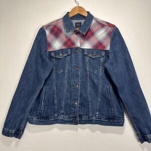 Gap x Pendleton‎ Plaid Yoke Denim Trucker Jacket Womens L Blue Red Cotton Coat